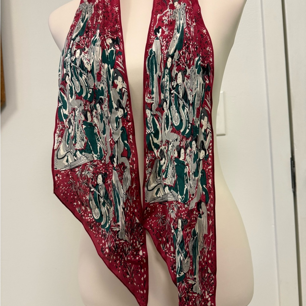 Vintage Japanese Inspired Elegant Red and Green Silk Scarf